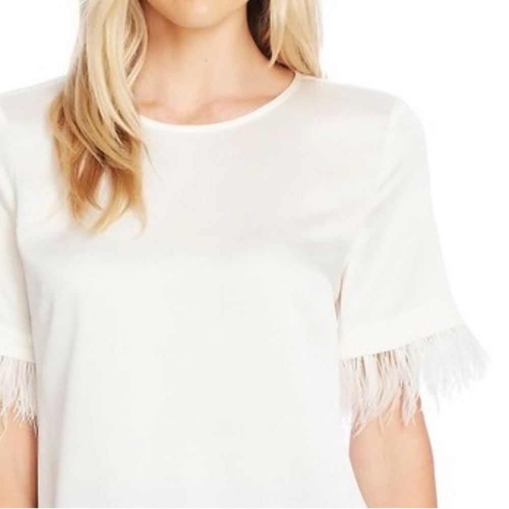Vince Camuto Cream white feather Fringe short Sleeve Blouse‎ top satin Small